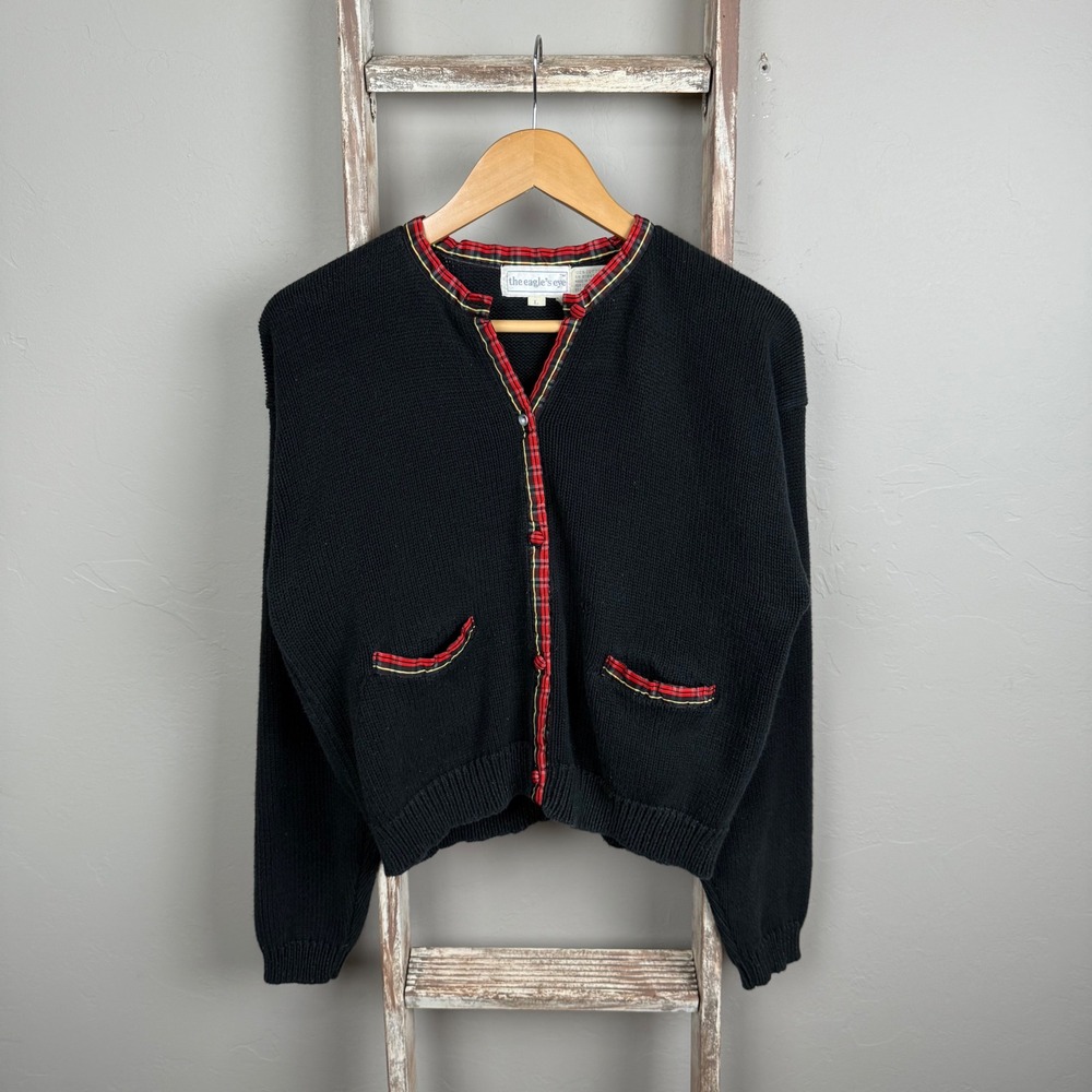 Vintage 90s Eagles Eye‎ Black Cotton Knitted Cardigan Sweater Large
